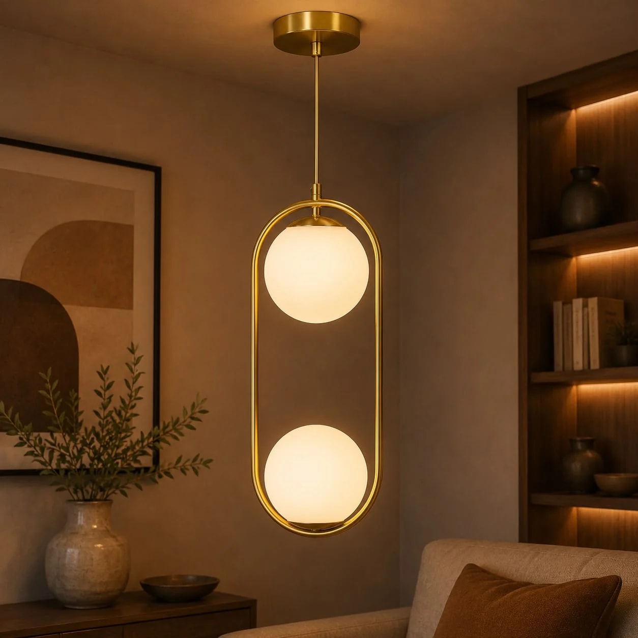 Suspension Double Globe Opalin Ovale