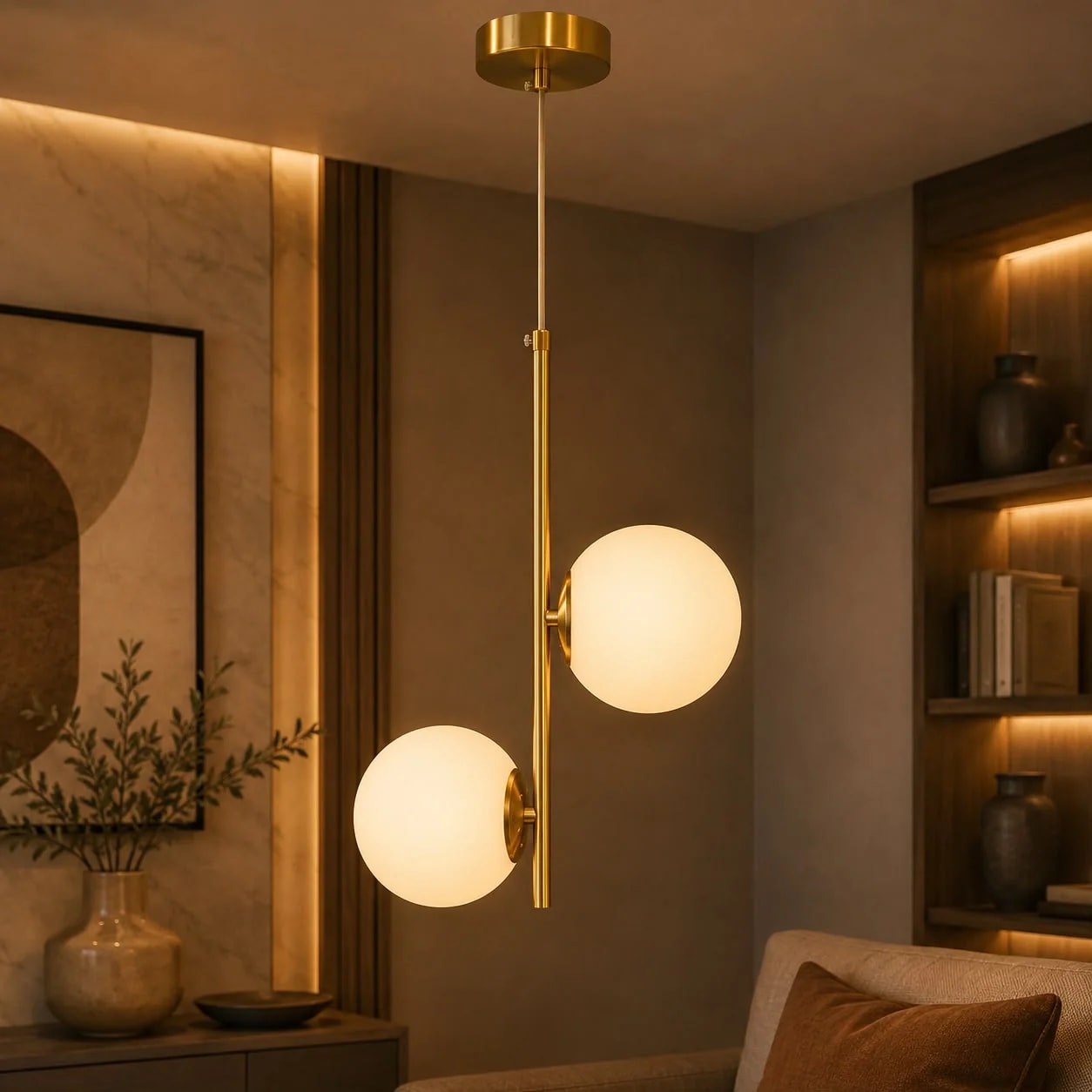 Suspension Double Globe Opalin Asymétrique