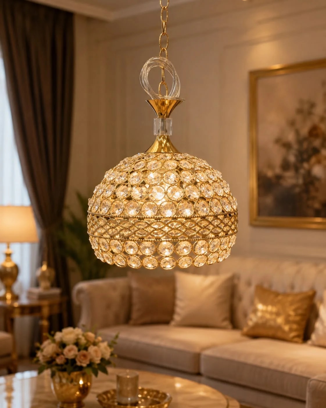 Suspension Cristal Sphère Dorée