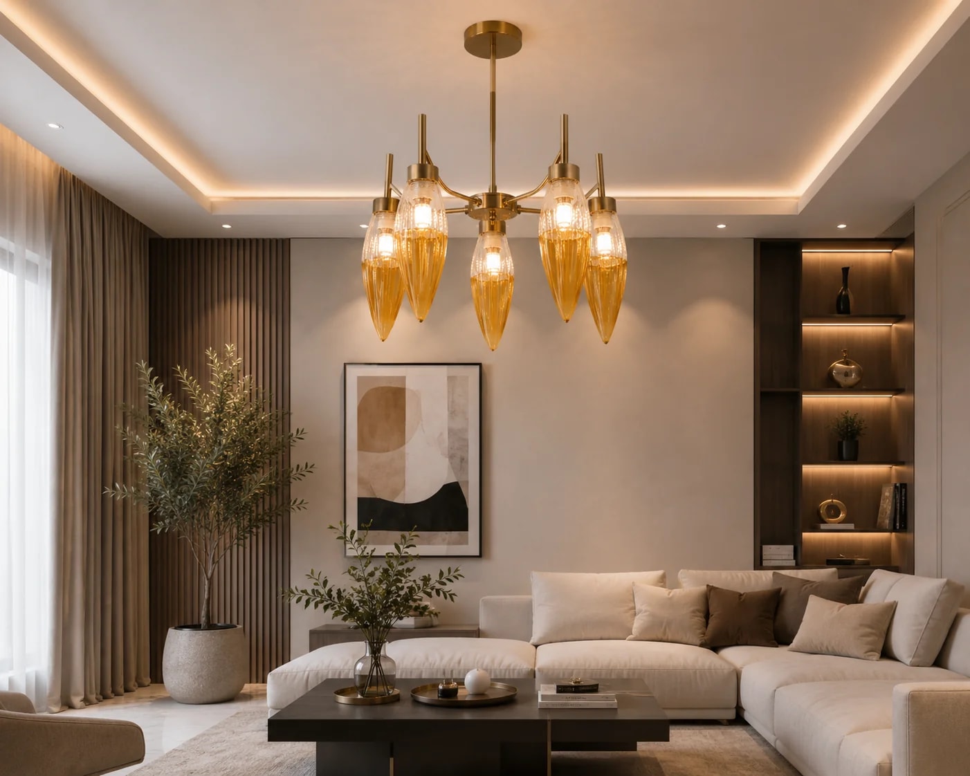 Lustre Laiton Cinq Bras Ambré