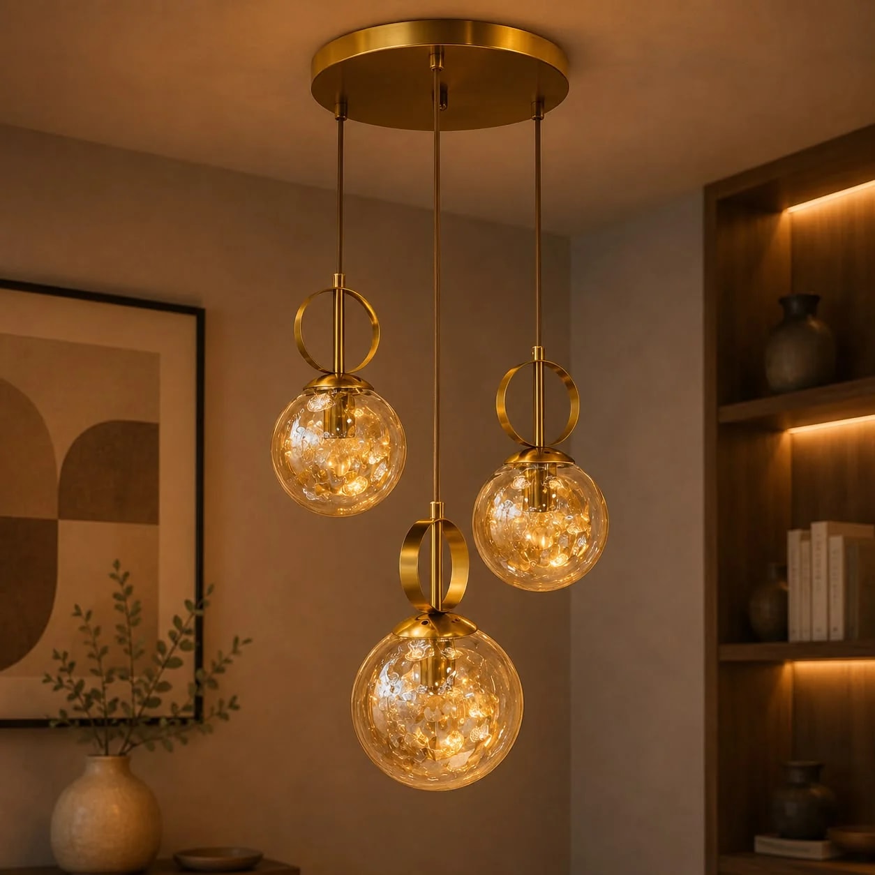 Suspension Trio Globes Ambrés Texturés